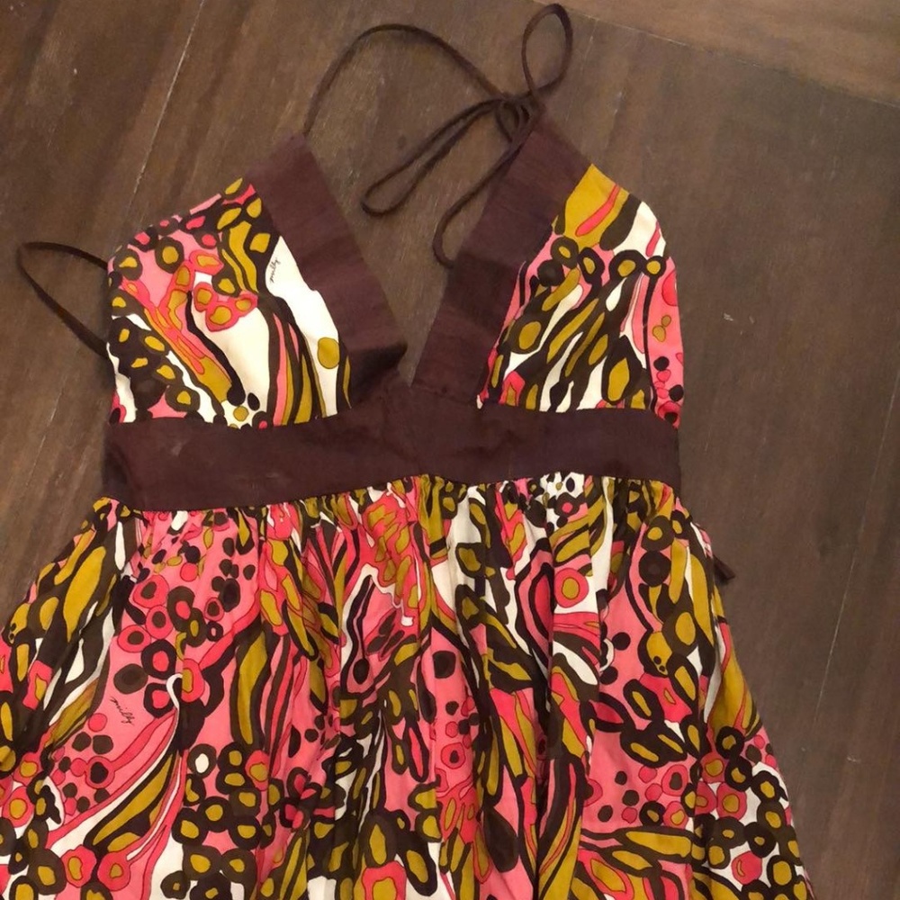 Milly Pink & Brown Halter Dress with Flowing Skirt